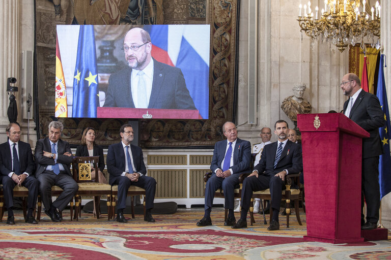 Commemoration of the 30th anniversary of the signing of the Accession Treaties  Mariano RAJOY - Spanish Prime Minister, JUAN CARLOS - Former King of Spain and FELIPE - King of Spain and Martin SCHULZ - President of the European Parliament, during the ceremony to commemorate the 30th anniversary of Spain's signature of the EU Accession Treaties, at Royal Palace, in Madrid.