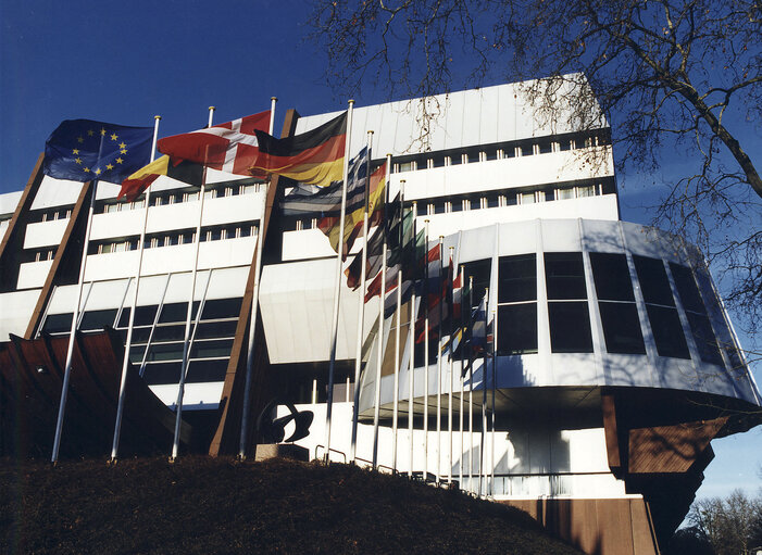 Flags outside the Palais de l'Europe building in Strasbourg
