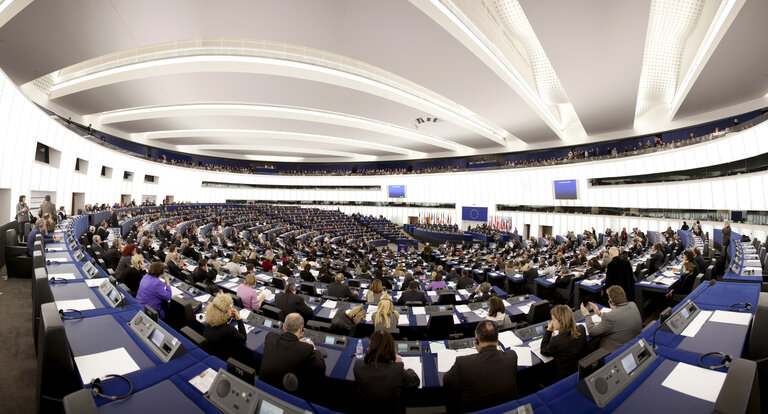 Photo 17: Panoramic view on the hemicycle of the European Parliament building Louise Weiss in Strasbourg