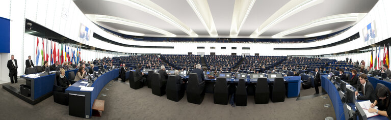 Photo 18: Panoramic view on the hemicycle of the European Parliament building Louise Weiss in Strasbourg