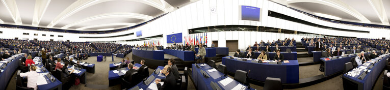 Photo 16: Panoramic view on the hemicycle of the European Parliament building Louise Weiss in Strasbourg