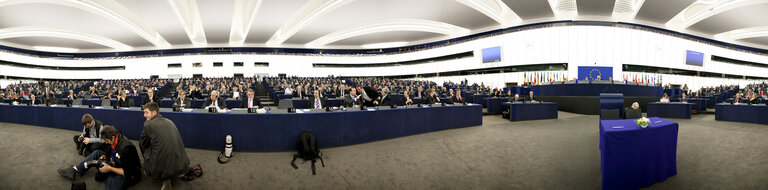 Photo 15: Panoramic view on the hemicycle of the European Parliament building Louise Weiss in Strasbourg