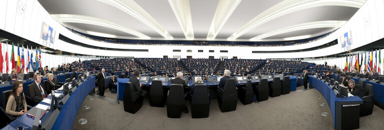 Photo 19: Panoramic view on the hemicycle of the European Parliament building Louise Weiss in Strasbourg