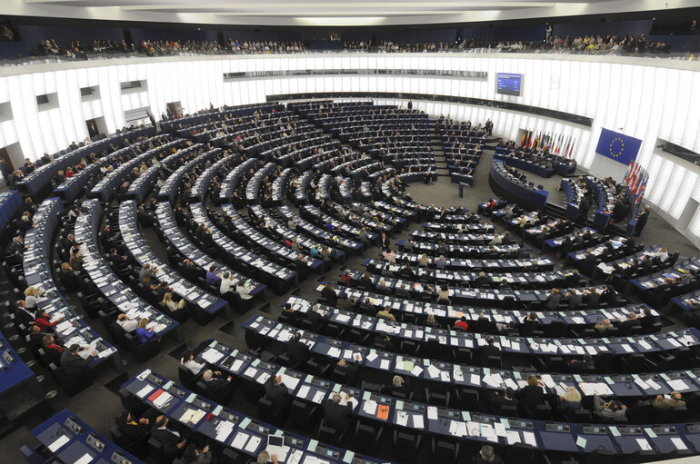 Photo 3: Hemicycle at the European Parliament building Louise Weiss in Strasbourg