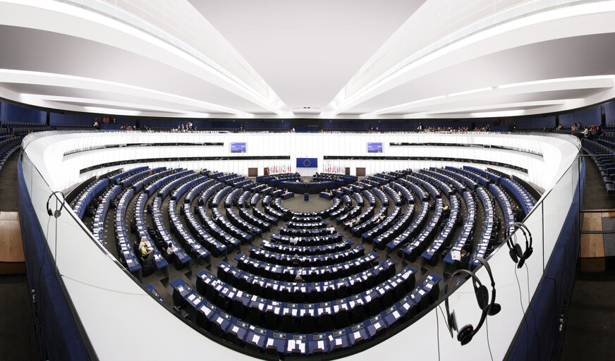Photo 11: Panoramic view on the hemicycle at the European Parliament building Louise Weiss in Strasbourg