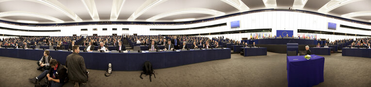 Photo 14: Panoramic view on the hemicycle of the European Parliament building Louise Weiss in Strasbourg