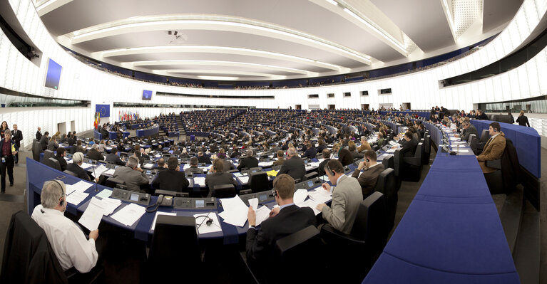 Photo 13: Panoramic view on the hemicycle of the European Parliament building Louise Weiss in Strasbourg