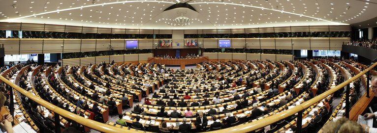 Fotografi 1: Hemicycle of the European Parliament in Brussels