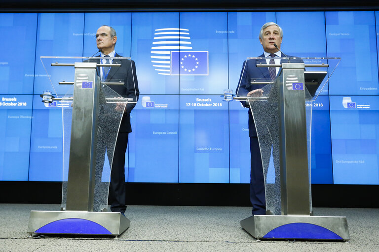 Photo 20: European Council 18 October 2018 - Press conference by Antonio TAJANI, EP President