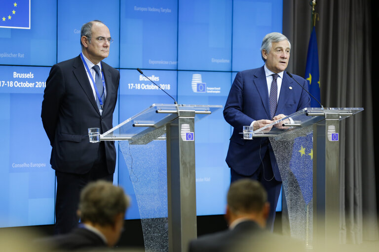 Photo 3: European Council 18 October 2018 - Press conference by Antonio TAJANI, EP President