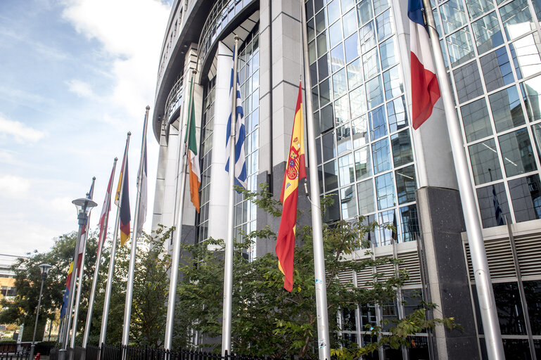 The Spanish and European flags lowered to half-mast following the recent tragic flooding that struck the Baleares Islands and in solidarity with the Spanish people