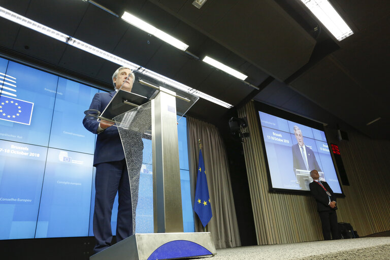 Nuotrauka 22: European Council 18 October 2018 - Press Conference by Antonio TAJANI, EP President