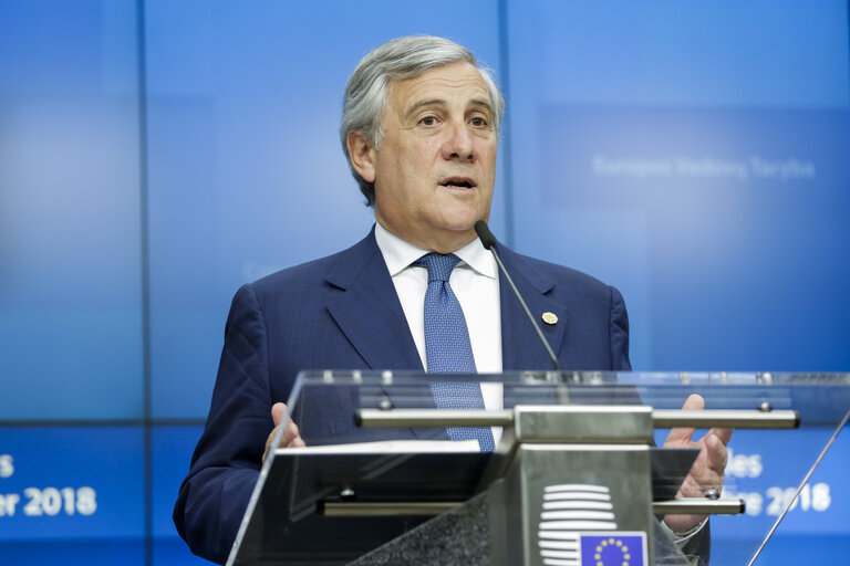 Fotografija 13: European Council 18 October 2018 - Press Conference by Antonio TAJANI, EP President