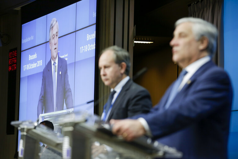 Fotografija 11: European Council 18 October 2018 - Press Conference by Antonio TAJANI, EP President