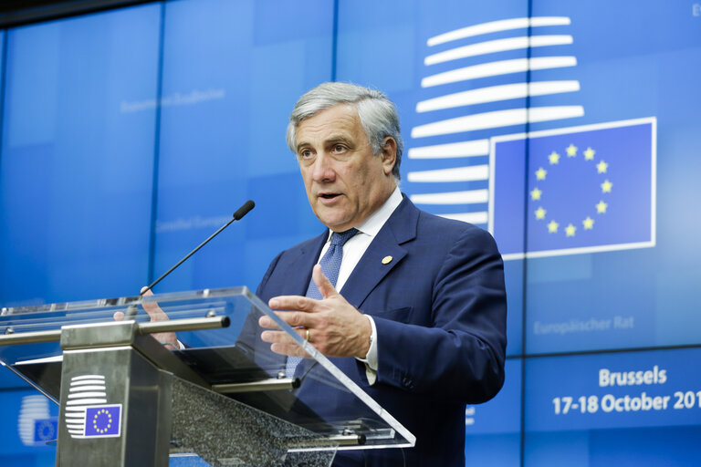 Fotografija 12: European Council 18 October 2018 - Press Conference by Antonio TAJANI, EP President