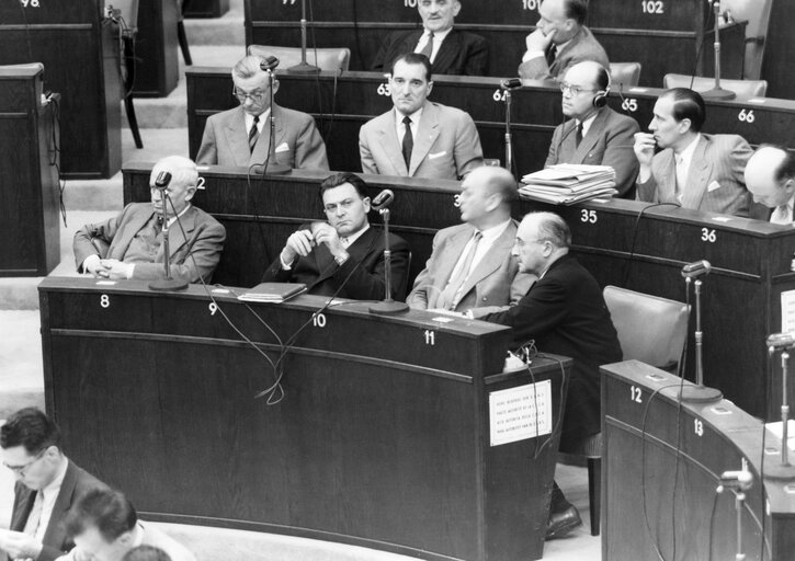 Delegation from the ECSC High Authority at the second part of the fifth session of the Consultative Assembly of the Council of Europe, held in Strasbourg, France, in June 1953. Among those in the picture are Enzo GIACCHERO (33), Jean MONNET (11) and Albert COPPE (9).