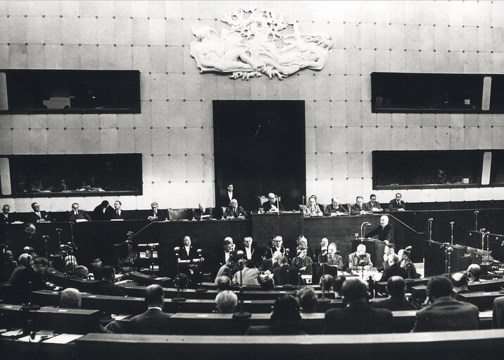 President of the High Authority Jean Monnet takes the floor during a Council of Europe Assembly in Strasbourg, France, June 1, 1953