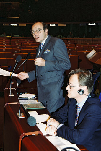 Commissiner Yves-Thibault de SILGUY in plenary session at the EP in Strasbourg.