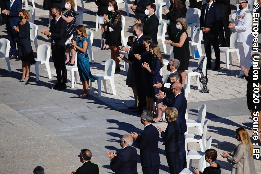 Visit of David SASSOLI, EP President to Madrid - State ceremony with King FELIPE and his family in memory of the victims of COVID-19 on the Plaza de la Armería del Palacio Real de Madrid on July 16, 2020.