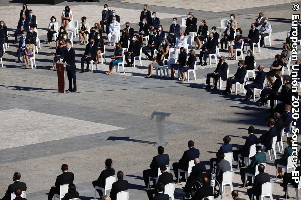 Visit of David SASSOLI, EP President to Madrid - King FELIPE at the podium during the state ceremony in memory of the victims of COVID-19 on the Plaza de la Armería del Palacio Real de Madrid on July 16, 2020.