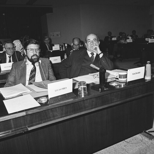 The MEPs Francisco Antonio LUCAS PIRES,  Manuel dos SANTOS MACHADO during a meeting in Brussels in February 1988.