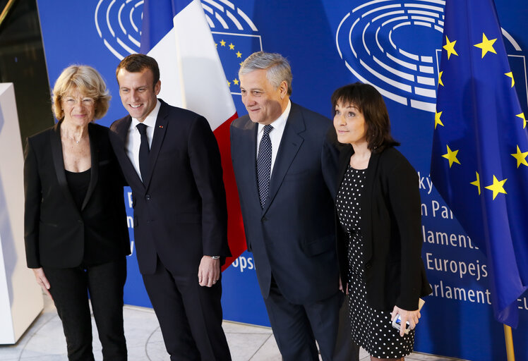 Suriet 13: Visit of the President of the French Republic to the European Parliament in Strasbourg - Antonio TAJANI, EP President welcomes Emmanuel MACRON, President of the French Republic