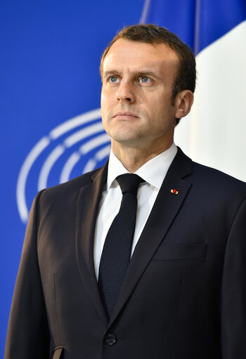 Suriet 2: Visit of the President of the French Republic to the European Parliament in Strasbourg - Antonio TAJANI, EP President welcomes Emmanuel MACRON, President of the French Republic