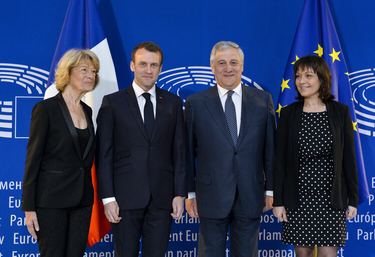 Suriet 4: Visit of the President of the French Republic to the European Parliament in Strasbourg - Antonio TAJANI, EP President welcomes Emmanuel MACRON, President of the French Republic