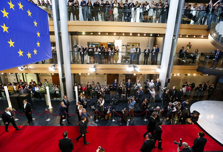 Visit of the President of the French Republic to the European Parliament in Strasbourg - Antonio TAJANI, EP President welcomes Emmanuel MACRON, President of the French Republic