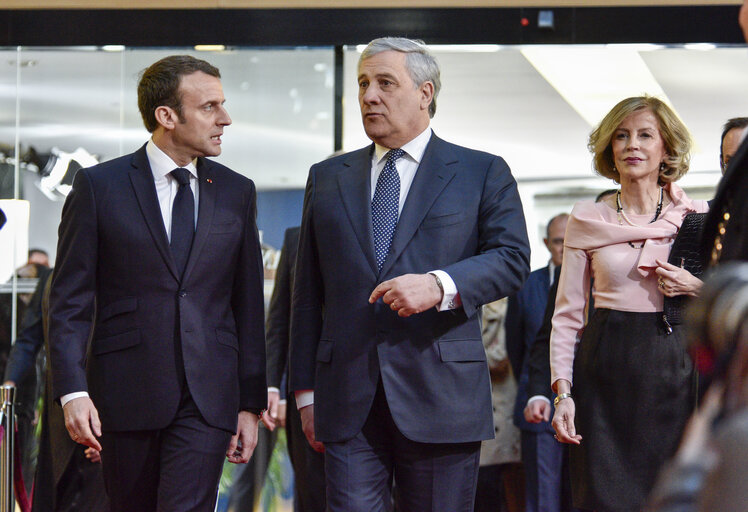 Suriet 10: Visit of the President of the French Republic to the European Parliament in Strasbourg - Antonio TAJANI, EP President welcomes Emmanuel MACRON, President of the French Republic