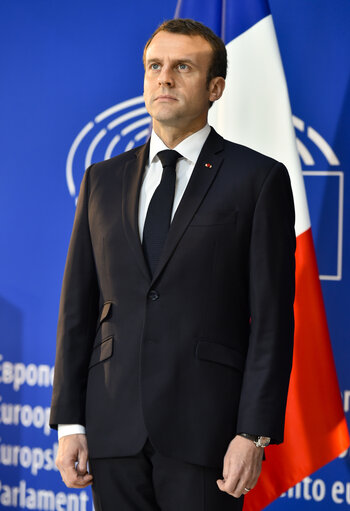 Suriet 3: Visit of the President of the French Republic to the European Parliament in Strasbourg - Antonio TAJANI, EP President welcomes Emmanuel MACRON, President of the French Republic