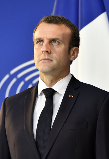 Suriet 11: Visit of the President of the French Republic to the European Parliament in Strasbourg - Antonio TAJANI, EP President welcomes Emmanuel MACRON, President of the French Republic