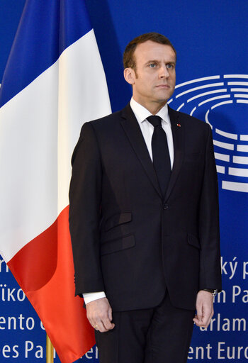 Suriet 19: Visit of the President of the French Republic to the European Parliament in Strasbourg - Antonio TAJANI, EP President welcomes Emmanuel MACRON, President of the French Republic