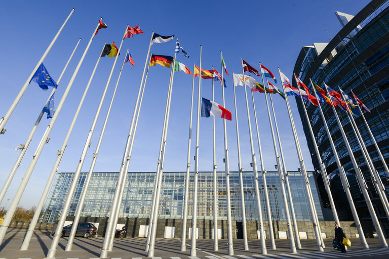 European flag at half-mast at the European Parliament in Strasbourg following friday's terrorist attacks in Paris.