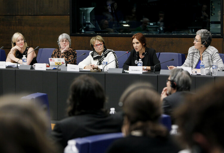 Fotografie 10: Lux Prize 2015 press seminar.     Panel 3:  Think more Pink: a not very (gender) balanced endeavour.   Inequality in the audio-visual sector is a problem which spans across all categories.