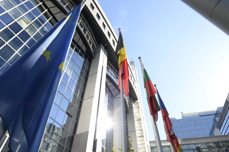 EU and Italian flags at half mast following the earthquake in Italy