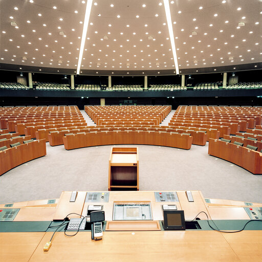 View of the empty Hemicycle at the EP in Brussels