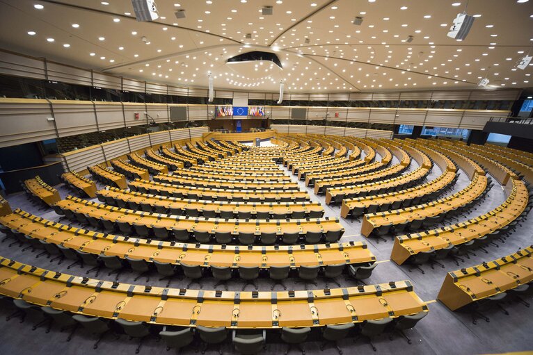 Empty hemicycle in Brussels, plenary chamber
