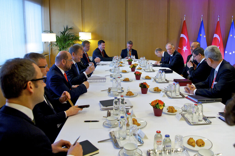 Martin SCHULZ - EP President meets with Donald TUSK - President of the European Council, Jean-Claude JUNCKER - EC President and Ahmet DAVUTOGLU, Prime Minister of Turkey