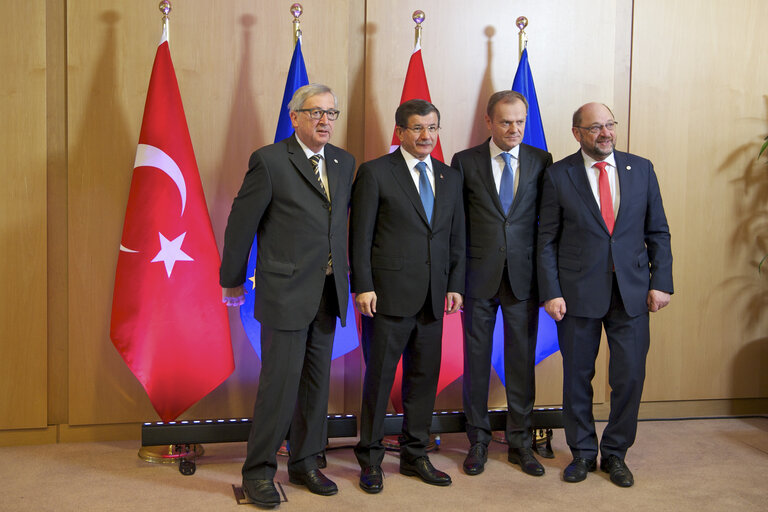 Martin SCHULZ - EP President meets with Donald TUSK - President of the European Council, Jean-Claude JUNCKER - EC President and Ahmet DAVUTOGLU, Prime Minister of Turkey