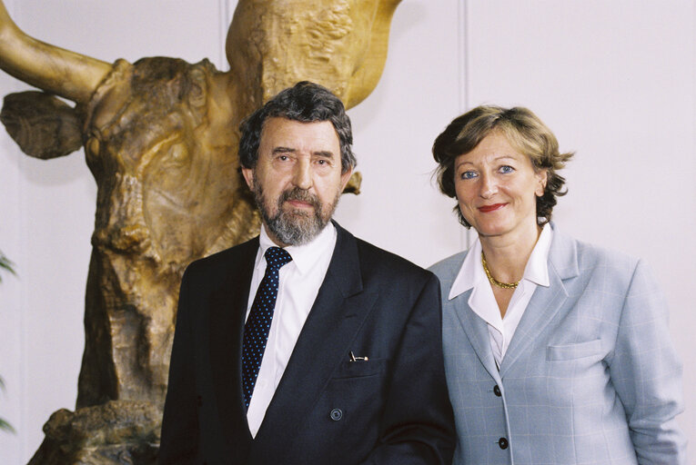 Sculptor Vitally Patrov poses in front of his work with MEP Jacqueline Rousseaux