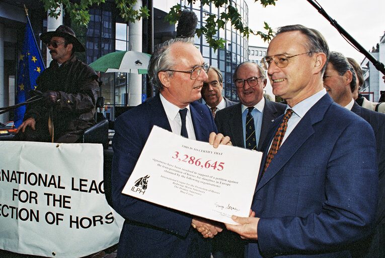 Foto 6: Handing over of signatures in suppor of a petition against the transportation of horses for slaughter in Europe, in October 1994