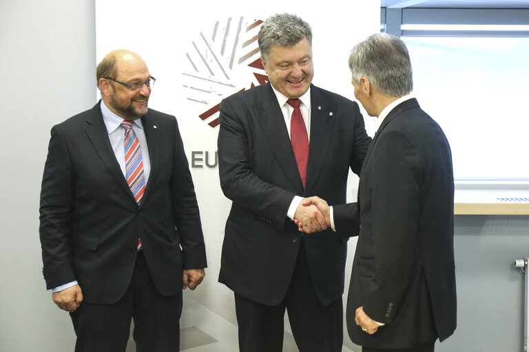 Eastern Partnership summit in Riga, meeting of President of the European Parliament Martin Schulz, President of Ukraine Petro Poroshenko and Federal Chancellor of Austria Werner Faymann.