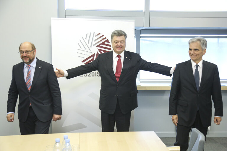 Eastern Partnership summit in Riga, meeting of President of the European Parliament Martin Schulz, President of Ukraine Petro Poroshenko and Federal Chancellor of Austria Werner Faymann.