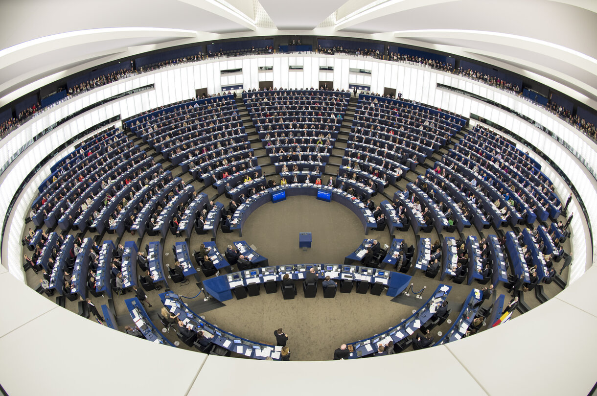 Plenary session week 10 2016 in Strasbourg.  Wide angle view of the plenary chamber. Hemicycle. Fisheye.