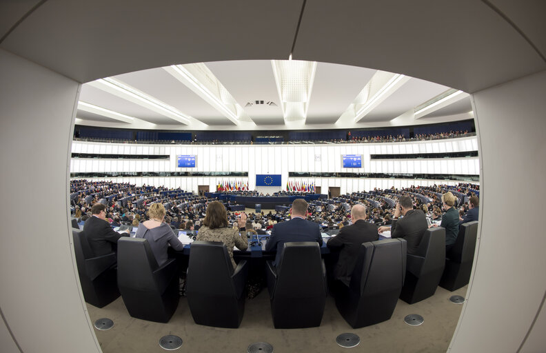 Plenary session week 10 2016 in Strasbourg.  Wide angle view of the plenary chamber. Hemicycle. Fisheye.