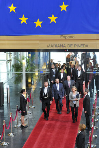 Foto 6: Official visit of the President of Georgia to the EP in Strasbourg - Martin SCHULZ - EP President welcomes Giorgi MARGVELASHVILI - President of Georgia