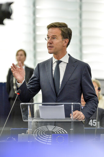 Fotó 2: Official visit of Dutch Prime Minister to the European Parliament in Strasbourg. Mark RUTTE - Dutch Prime Minister addresses the Plenary. Review of the Dutch Presidency.