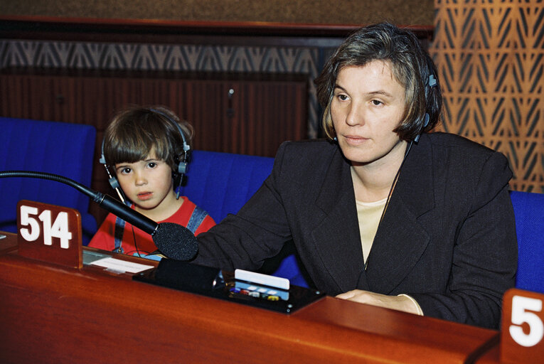 MEP Irene Barbara Lilia SOLTWEDEL-SCHAFER and child in Plenary Session at the European Parliament in Strasbourg