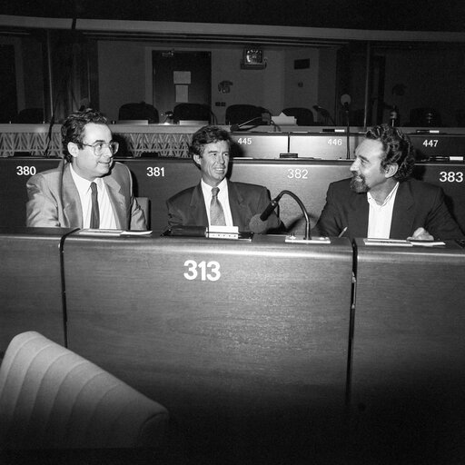 Fotografie 10: Portrait of MEPS Alonso Jose PUERTA, Antoni GUTIERREZ DIAZ , Fernando PEREZ ROYO in the Hemycicle in Strasbourg